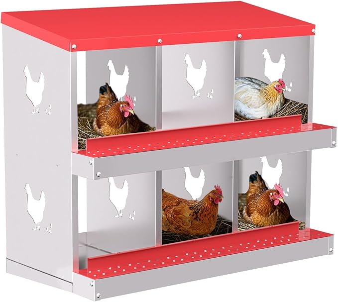 Chicken Nesting Boxes, 6-Compartment Metal Egg Laying Box with Swing Perch and Secure Lid – Versatile Wall Mount or Free Standing Suitable for Various Chicken Breeds -red