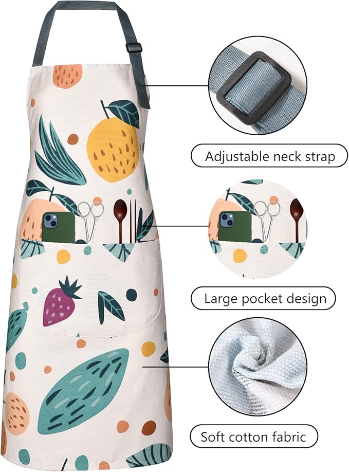 2 Pack Floral Apron for Women with Pockets, Adjustable Cotton Chef Aprons for Kitchen, Cooking, BBQ & Grill