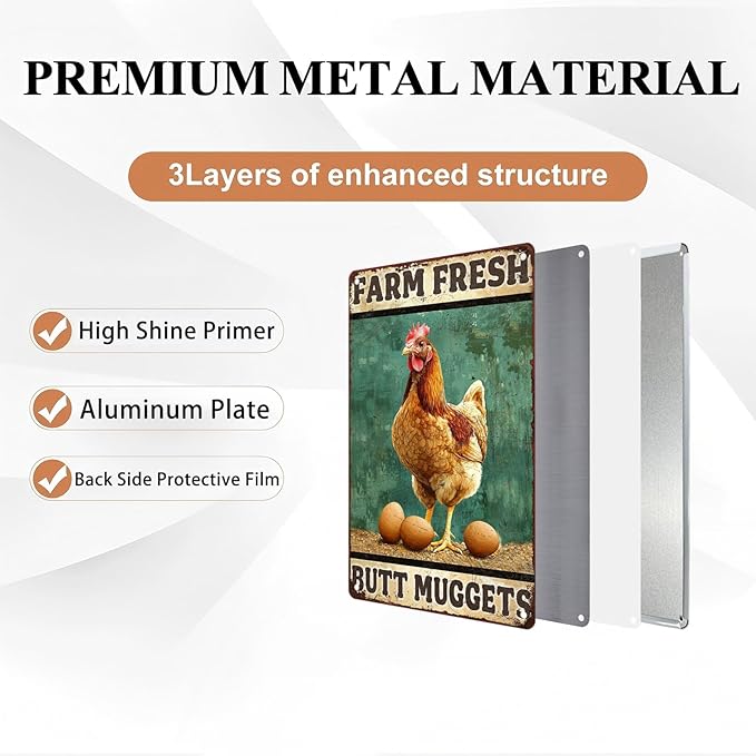 Vintage Chicken Farm Metal Sign Chicken Coop Farm Fresh Butt Nuggets Metal Poster Home Garden Farmhouse Restaurant Garage Aluminium Sign Art Wall Decor 12X16Inch