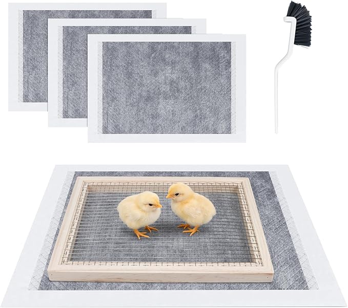 Chick Brooder Pads Kit with 4 Hatchling Liners, 1 Wooden-Frame Metal Grid Tray and 1 Cleaning Brush, Odor-Control Brooder Maintenance Kit, Keeps Feed and Water Clean, for Baby Chicks