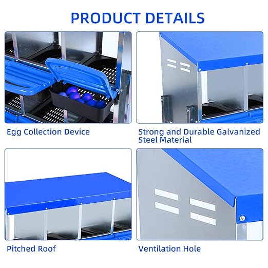 Chicken Nesting Boxes, 10 Hole Metal Chicken Laying Box with with Removable Trays and Roll Out Egg Collection for Chicken Coop, with Metal Bracket, Blue