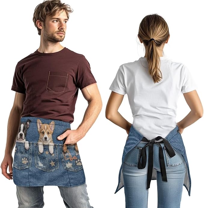 Waist Apron with 3 Pockets Waterproof 13 Inch Short Half Waist Aprons Women Men Server Aprons Waitress Waiter Apron