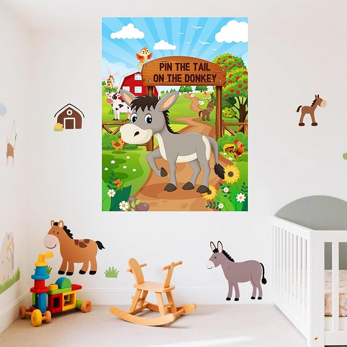Faccito Farm Animal Games Pin The Tail on The Animals Barn Birthday Party Decorations Farm Poster Games with 24 Stickers Eye Mask for Family Activities Birthday Party Decor Supplies (Donkey)