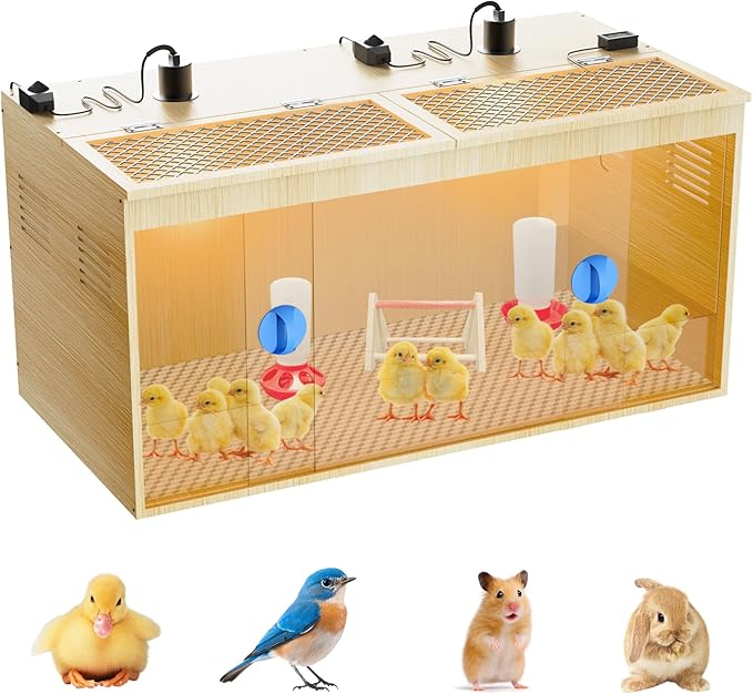 Brooder Box for Chicks, 32 Inch Wooden Large Chicken Brooder Box with 75W Heating Lamps, Thermometer, Chicken Feeder & Waterer Set, Tin Foil, Poultry Breeding Kit, for 12-15 Chicks Ducks Quail