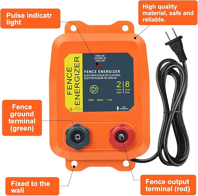 Electric Fence Charger PE2 0.10 Joule, 2-Mile/ 8 Acres Plug in Electric Fence Charger, for Dogs, Livestock, Squirrels, Chicken Coops (Orange)