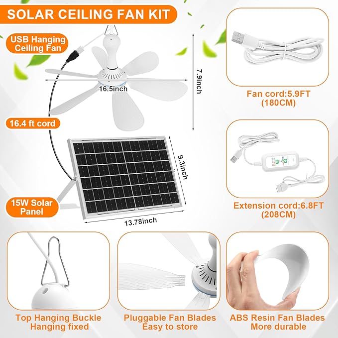 2 Set Solar Rechargeable Chicken Coop Shed Pendant Light, Solar Hanging Ceiling Fan with Remote Control Timing, Ventilation Lighting Kit for Chicken Coop Greenhouse Barn Camping Poultry