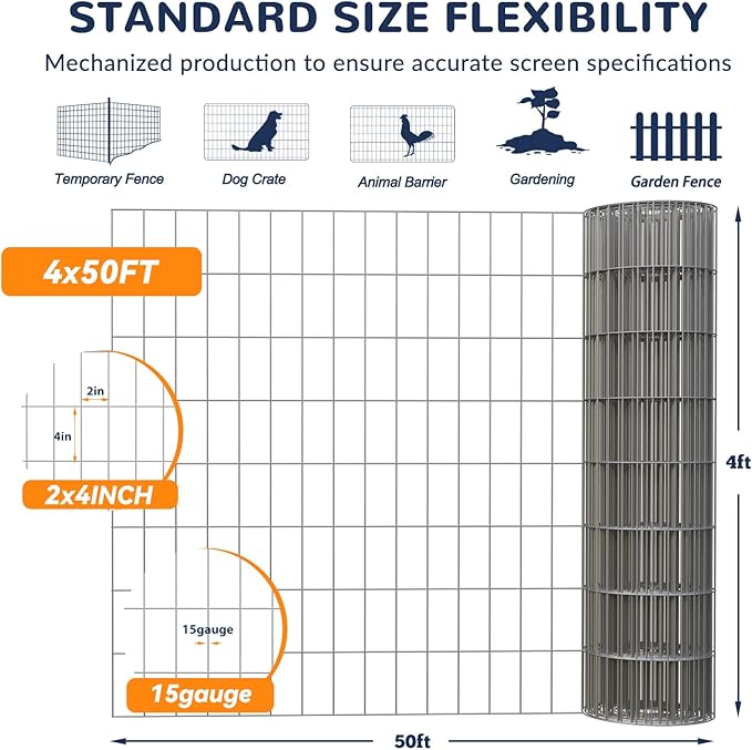 4'×50' Welded Wire Mesh, Galvanized Chicken Wire Fencing 2'' X 4'' 15GA, Garden Decorative Fence for Chicken Coop Barrier, Rabbit Snake Fences, Poultry Enclosures