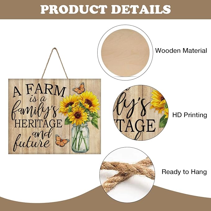 Farm Family Sunflower Front Door Sign, Spring Summer Flower Heritage Future Farmhouse Wood Hanger Home Decor, Fall Autumn Floral Rustic Wooden Wreath Indoor Wall Hanging Decoration