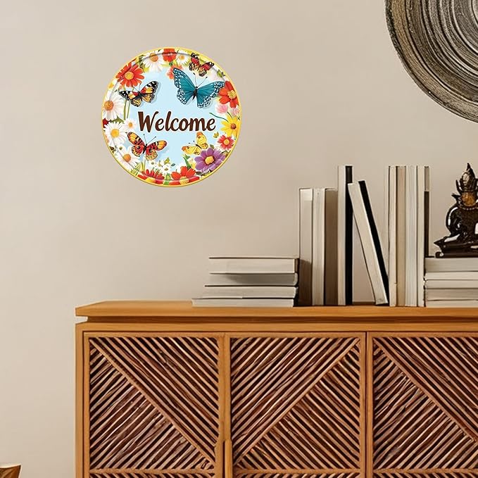 Round Metal Tin Sign Wreath Spring Flowers Butterflies Daisy Welcome Vintage Farmhouse Wall Decor for Front Door Porch Garden Home Outdoor 12x12inch