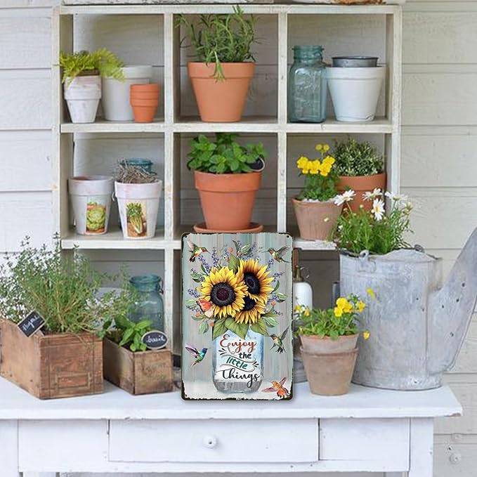 Sunflower Metal Tin Signs Hummingbird Metal Wall Decor Enjoy The Little Things Tin Sign Metal Art For Kitchen Hummingbirds Decor For Bathroom Vintage Sunflowers Tin Sign Wall Decor Gift 8x12 Inch