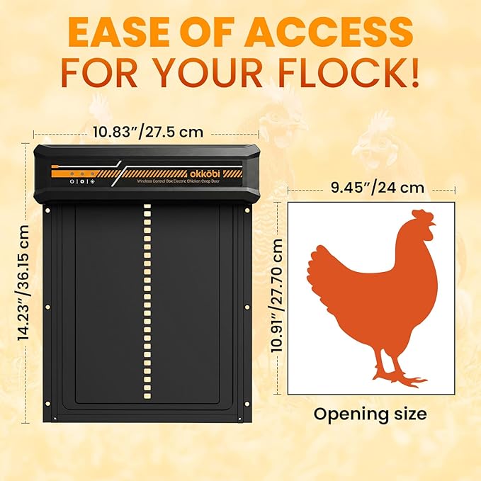 Wireless Automatic Chicken Coop Door – Solar Powered – LCD Display, Timer & Light Sensor – Anti-Pinch, All-Weather Aluminum – 5-Year Protection - Okköbi