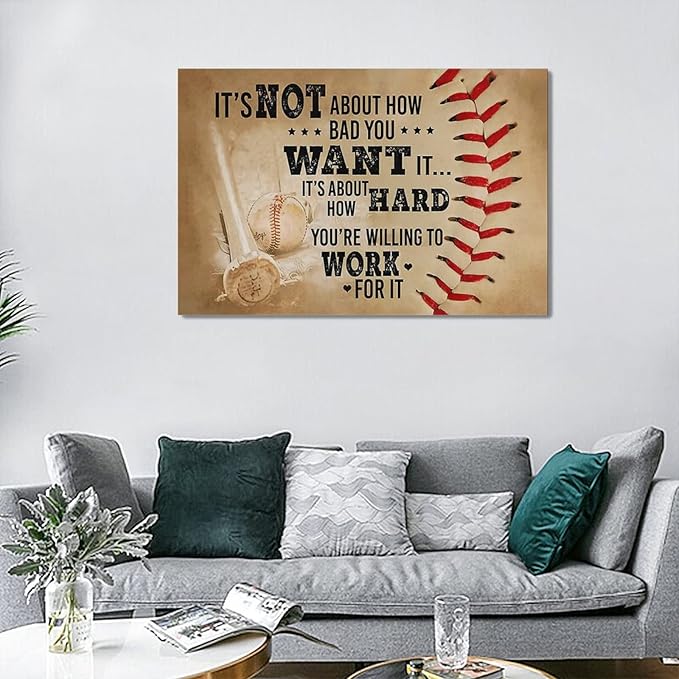 Baseball Wall Art Inspirational Sport Theme Wall Decor Motivational Quotes Pictures Canvas Prints Artwork Baseball Decor For Boys Room Playroom Bedroom Gym Framed 24"x16"
