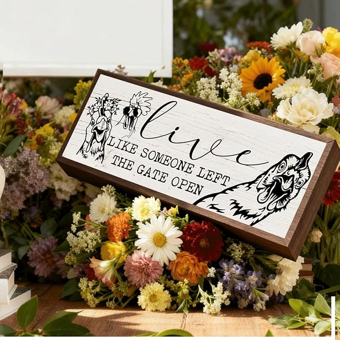 Funny Chicken Decor, Live Like Someone Left the Gate Open Sign, Chicken Coop Decors, Funny Farmhouse Home Decoration, Decorative Wooden Wall Plaque 9.5x3.1x1 inches