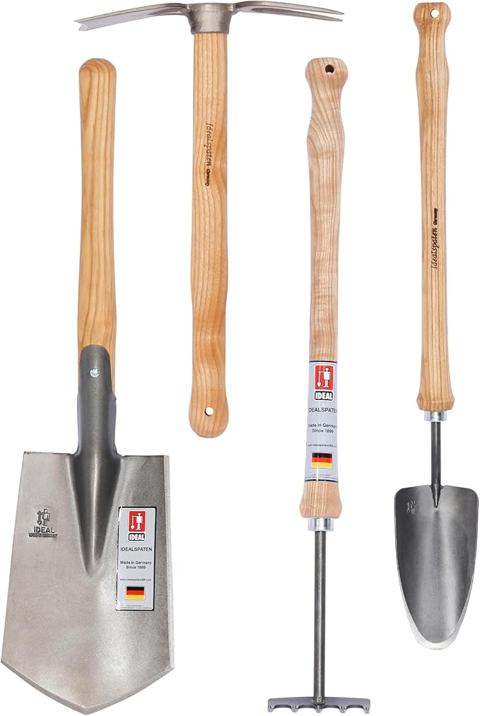IDEALSPATEN Small Garden Tool Set Collection - 4 Piece Set - Panzer Field Shovel, Heidelberg Hand Mattock, Hanover Hand Rake, Lübeck Hand Shovel