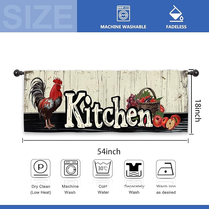 Rooster Chicken Kitchen Curtain Valance 54W x 18L Inch Farmhouse Rustic Country Rural Wood Wooden Fruit Rod Pocket Short Cafe Small Window Treatment Drapes Decor