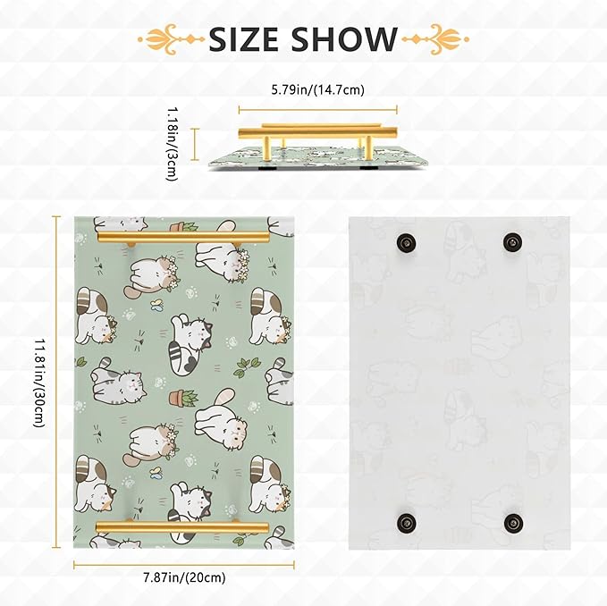 Bathroom Vanity Tray Counter Organizer, Cartoon Cats Green Decorative Tray with Handles Countertop Storage for Bathroom Bedroom Kitchen Home Farmhouse