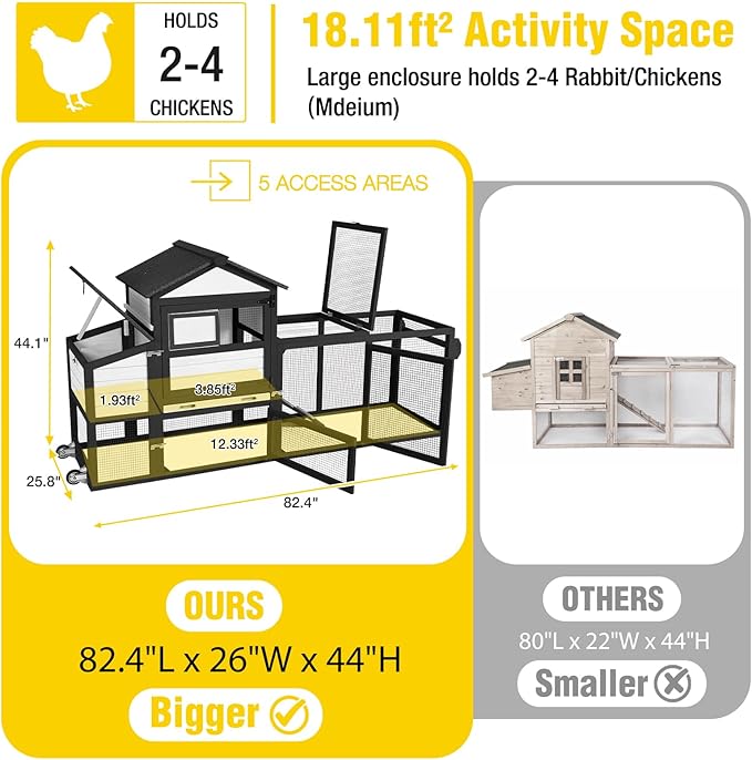 Aivituvin Mobile Chicken Coop with Wheels for 4-6 Chickens, Backyard Expandable Chicken House Duck Cage with Run, 2 Nesting Boxes, Easy Clean Pull-Out Tray, Leak-Resistant Asphalt Roof, 82.4"(Black)