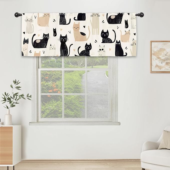 Cute Cartoon Cat Kitchen Curtain Valance 54W x 18L Inch Funny Pet Kitten Animal Rod Pocket Short Cafe Small Window Treatment Drapes Decor