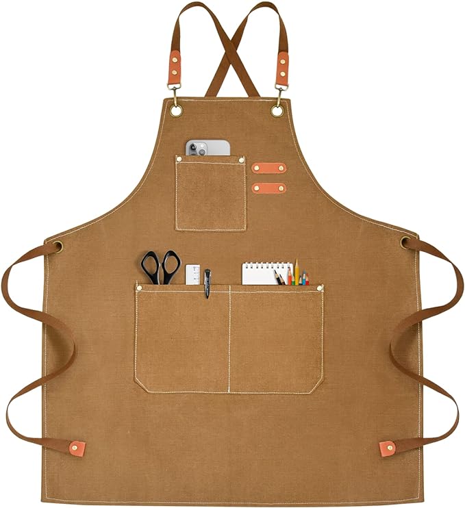 Chef Apron for Men Women Canvas Aprons with 3 Pockets Cross Back Resistant Work Apron for Cooking