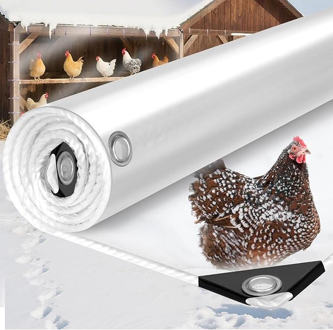 8x12ft 16Mil Chicken Coop Covers for Winter,Thicken Clear Winterizing Insulation Vinyl Tarp for Chicken Run,Waterproof Anti-Tear with Elastic Cords & Rope for Porch Patio Poultry Enclosure
