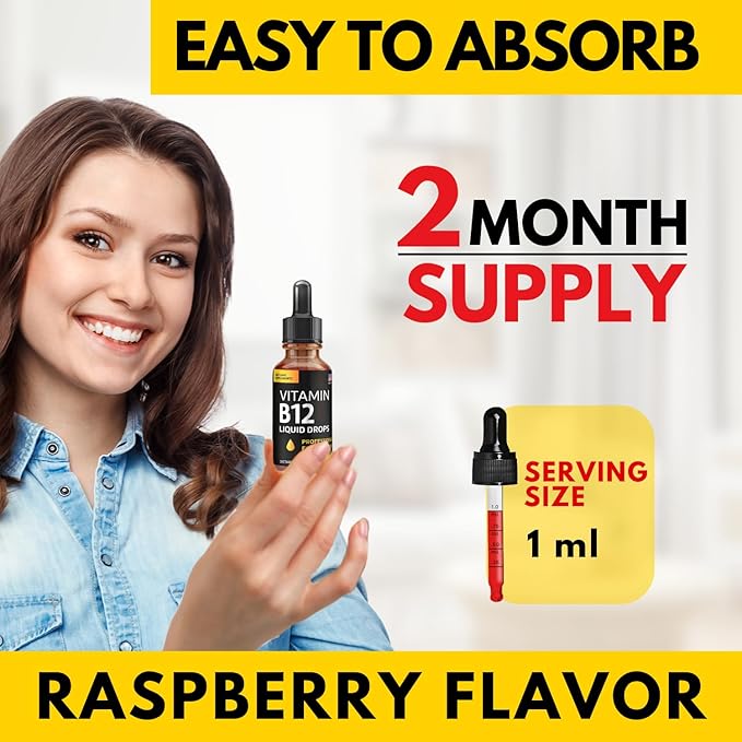 Vitamin B12 Liquid Drops - Vegan B12 vitamins 5000 mcg Methylcobalamin Fast-Acting Sublingual B Complex Liquid Vitamin B2, B3, B6 - Non-GMO, No Dairy, Soy & Sugar, Raspberry Flavor, 2 fl. oz.