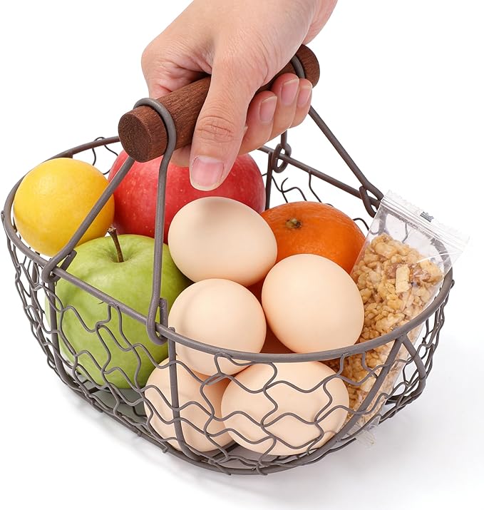 NUOBESTY Eggs Wire Storage Basket with Handle Iron Art Eggs Tray Wire Fruit Storage Vegetables Container Eggs Holder for Kitchen Home Living Room