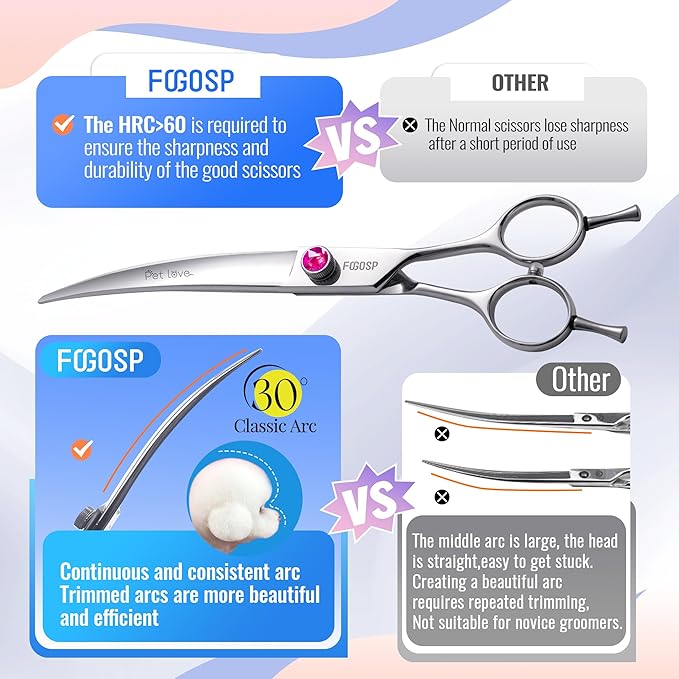 Curved Dog Grooming Scissors 7.5 inch Professional Curved Shears Dog Grooming for Poodle Large Dogs Pet 30 Degree Japanese 440C Right Handed Super Sharp Purple Diamond(7.5,Curved)