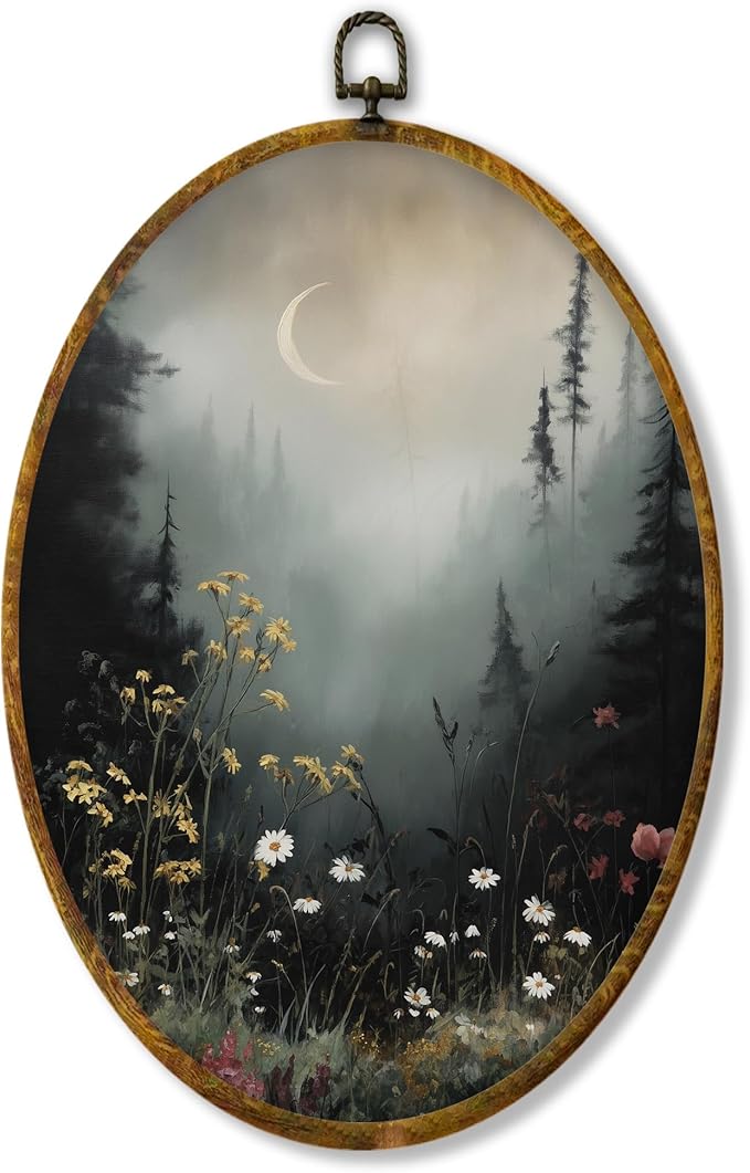 Hiuwevt Vintage Moody Forest Moon Oval Wall Art Decor, Dark Cottagecore Flower Field Framed Canvas Prints, Rustic Landscape Oval Wall Hanging Decor for Home Bedroom Decorations, 8.6x11.4 Inches