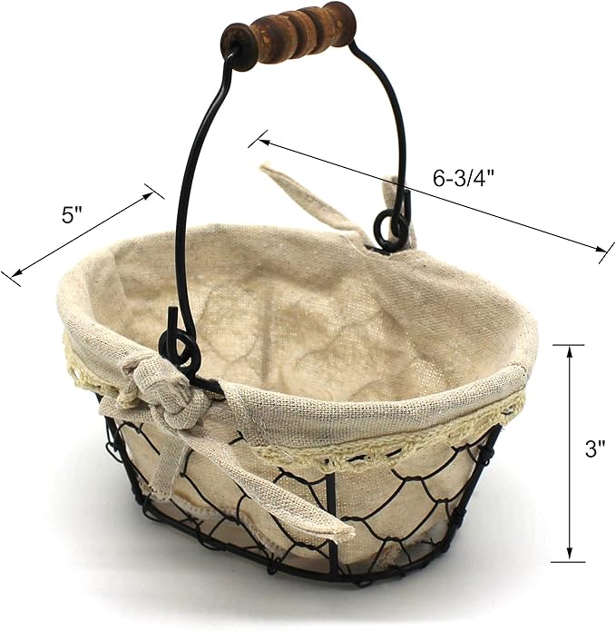 CVHOMEDECO. Primitives Country Chicken Wire Small Gift Baskets Gathering Baskets with Wooden Handle and Fabric Liner. Set of 2 (Oval) Matt Black