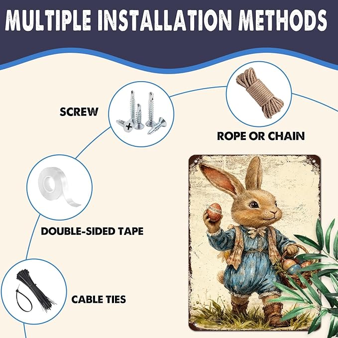 YoyaVex Bunny Metal Sign Vintage Easter Design With Decorative Eggs Rustic Wall Decor For Indoor Outdoor Use In Home Garden 12X16Inch