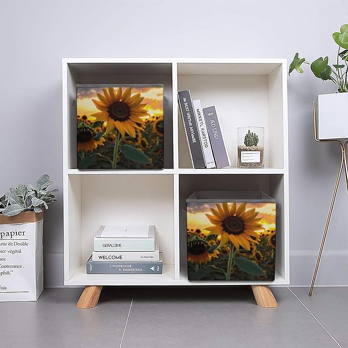 Farm Sunflower Storage Bins Cubes Fabric Cube Organizer with Handle Durable Storage Boxes Large Storage Baskets Foldable Cube Bins for Home Clothes Closet Organizers