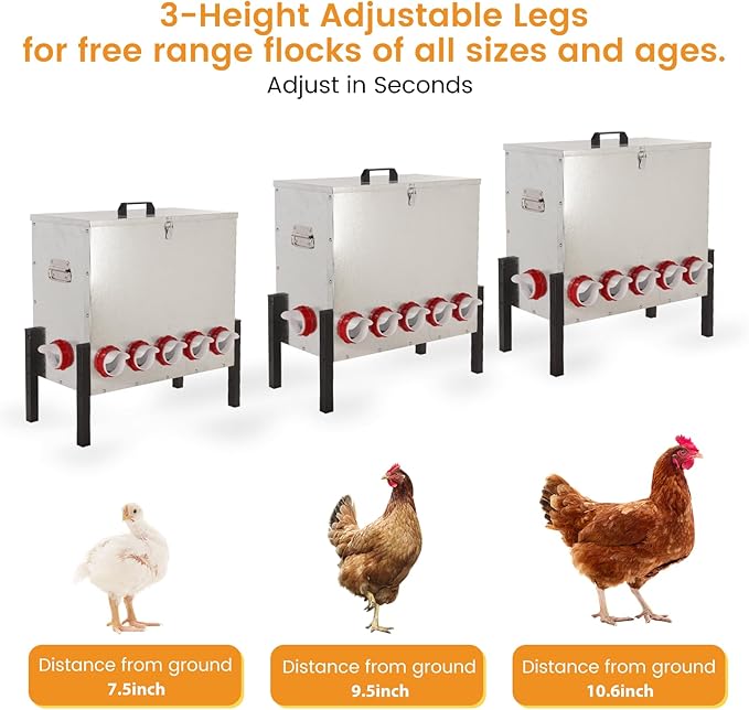 100LB Automatic Chicken Feeder with Cover – Large Capacity Metal Chicken Coop Feeder with 12 Feed Ports, Adjustable Legs Rainproof No Waste Outdoor Poultry Feeder for Hens & Free Range Flocks