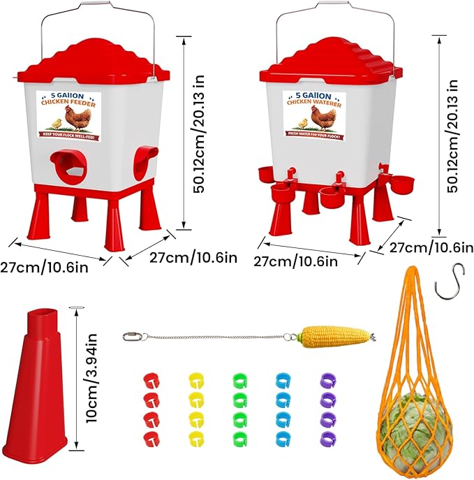 Chicken Feeder and Waterer Set, 5 Gallon Automatic Chicken Waterer with Cups, 40LB Large Chickens Feeders No Waste, Chicken Coop Accessories, Poultry Feeder & Chicken Watering System for Ducks, Quails