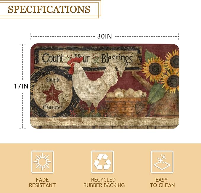 Roszwtit Farmhouse Kitchen Rugs and Mats, Farm Rooster Door Mat, Seasonal Washable Non-Slip Floor Mats for Home Kitchen Decor 30x17 Inch