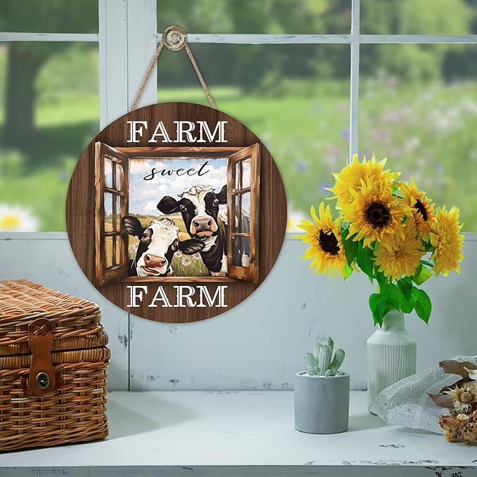 Funny Farm Sweet Farm Cow Front Door Sign, Vintage Farmhouse Animals Wood Hanger Outdoor Outside Porch Home Decor, Rustic Country Barn Wooden Wreath Indoor Wall Hanging Decoration Farm Gifts
