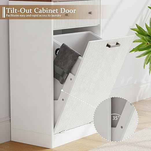 Single 10 Gallon Wood Grain Tilt-Down Trash Can Cabinet with Storage Drawer,Wood Grooved Recycling Cabinet with Wave Texture Hidden Pull-Out Trash Can for Kitchen,Bathroom (Trash Can Cabinet-White)