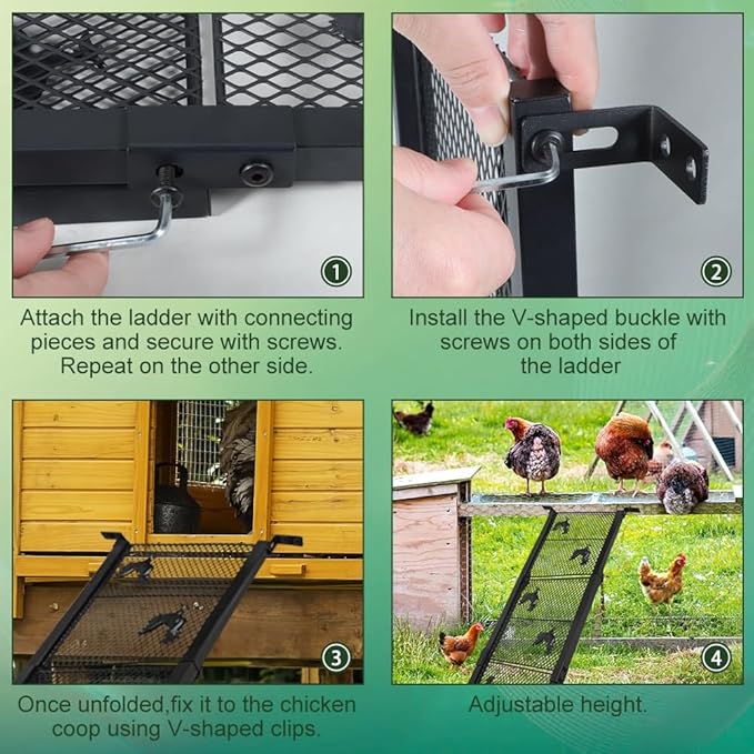4 Piece Chicken Coop Ramp, Heavy Duty Chicken Ladder with Anti-Slip Ramp, Ladder Length Adjustable Poultry Ramp for Hens and Ducks Henhouse