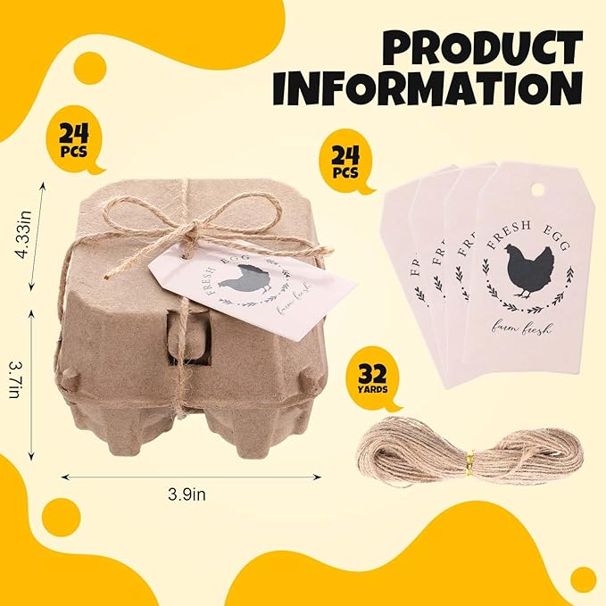 24 Pcs 4 Count Easter Egg Carton Bulk Half Dozen Reusable Natural Pulp Paper Cardboard Egg Carton Colored Storage Easter Gift Box with Label Jute Rope for Kitchen Market Farm (Natural)