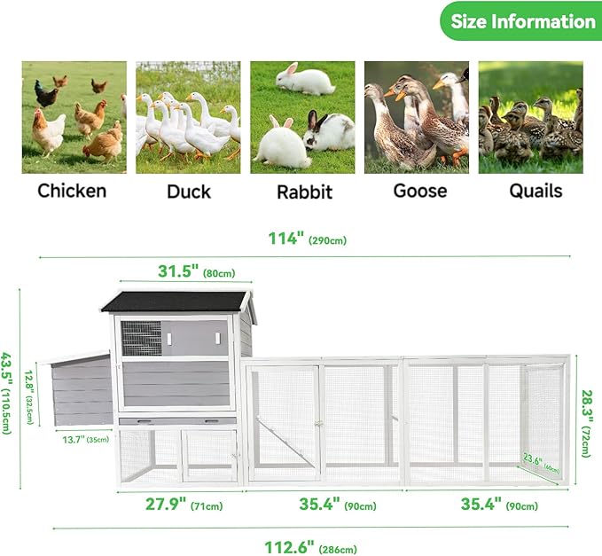 Large Outdoor Chicken Coop, Durable Wooden Hen House with Run & Nesting Box, Anti-UV Waterproof Roof, Sliding Door & Ramp for Backyard Small Animals, Gray
