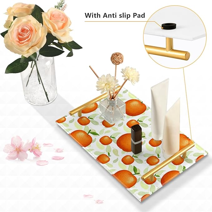 Bathroom Vanity Tray Counter Organizer, Orange Pattern Decorative Tray with Handles Countertop Storage for Bathroom Bedroom Kitchen Home Farmhouse