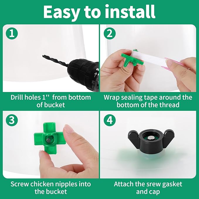 LemonRoad 50 Pack Horizontal Chicken Nipples Horizontal Poultry Automatic Waterer Nipples Chicken Water Feeder with 50 Pcs Ring Gaskets, 50 Pcs Wing Nuts and Drill Bit for Bucket Ducks Quail (Green)