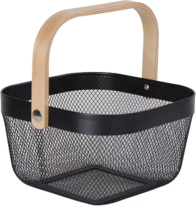 Metal Mesh Wire Basket, Mini Steel Basket with Wooden Handle Storage Organizer Basket Multi-functional Hanging Kitchen Baskets Fruit Baskets for Kitchen Bathroom Cabinet Pantry Snacks, Black