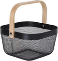 Metal Mesh Wire Basket, Mini Steel Basket with Wooden Handle Storage Organizer Basket Multi-functional Hanging Kitchen Baskets Fruit Baskets for Kitchen Bathroom Cabinet Pantry Snacks, Black