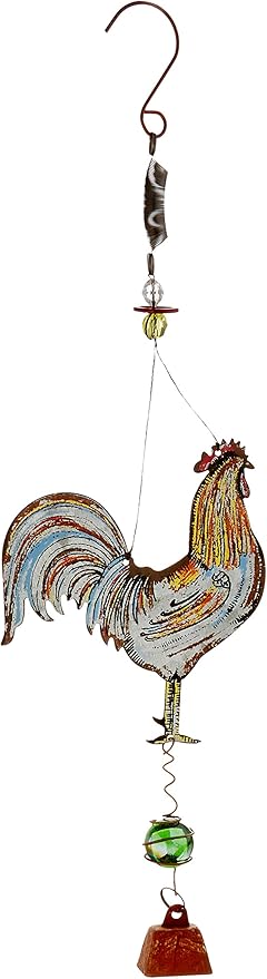 Sunset Vista Designs Bouncy Garden Decoration with Mini Cow Bell, 11-Inch, Galvanized Metal Rooster