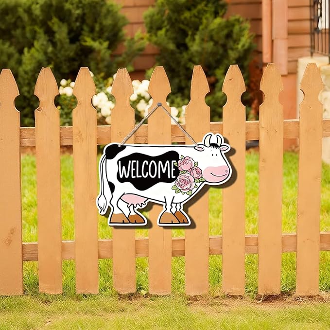 Farmhouse Decor Cow Welcome Sign, Rustic Wood Wall Art Watercolor Oil Painting Style Black and White Cow with Flowers Animal Shaped Hanging Plaque for Kitchen Porch Barn, 11.8x8 Inches