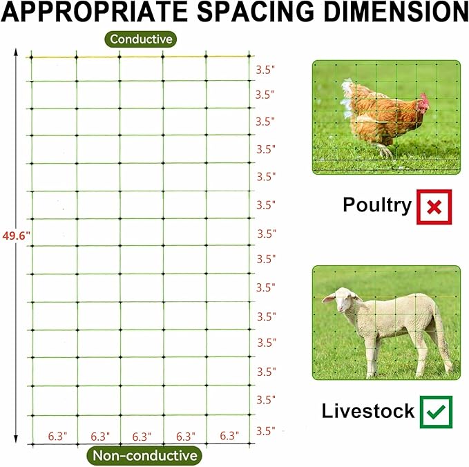 TMEE Electric Fence Netting Livestock Fencing for Goat with 14 Posts Double Spiked, Portable Mesh for Sheep, Deer, Hogs, Dogs in Backyards, Farms and Ranches, 49.6" H x 164' L, Green