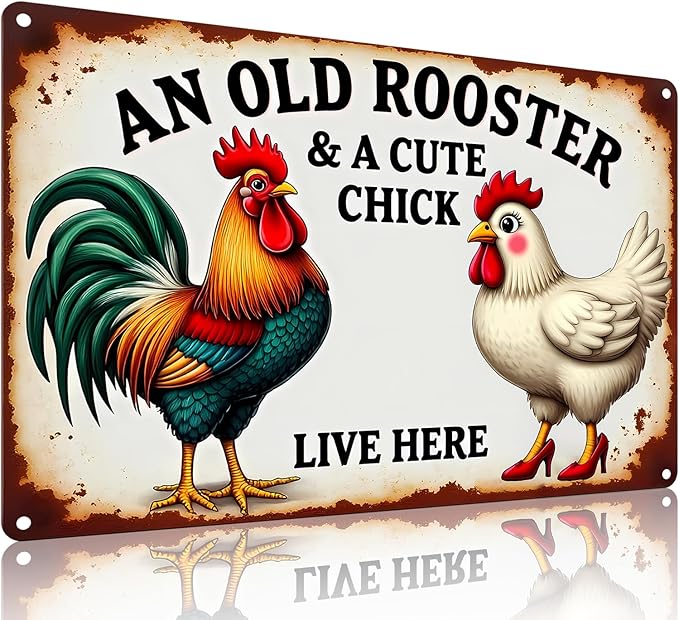 FunnySign Chicken Gifts Rooster Décor An Old Rooster & A Cute Chick Live Here Rustic Tin Sign For Home Farm Chicken Coop Decor 8x12 Inch (9713)