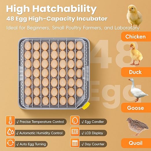 48 Incubators for Hatching Eggs, Egg Incubator with Automatic Egg Turning and Humidity Control, Temp Control, Egg Candler, Auto Water Refilling, Incubator for Chicken Eggs, Duck and Quail Eggs