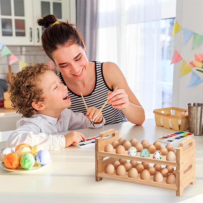 Bamboo Egg Holder Countertop - 2-Tier 18-Egg Stackable Organizer with Screwdriver, Farmhouse Kitchen Storage for Chicken/Duck Eggs