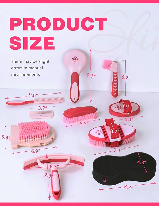 11-Piece Professional Horse Grooming Kit with Waterproof Tote Bag, Non-Slip Silicone Grip Brush Set, Curry Comb, Hoof Pick & Mane Comb Pink Garnet